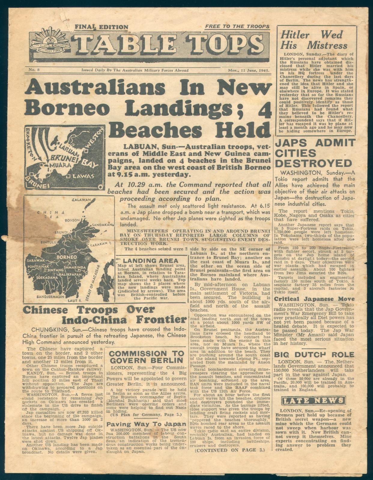 ‘Table Tops’ No. 8, Monday 11 June 1945 Newspaper Page 1