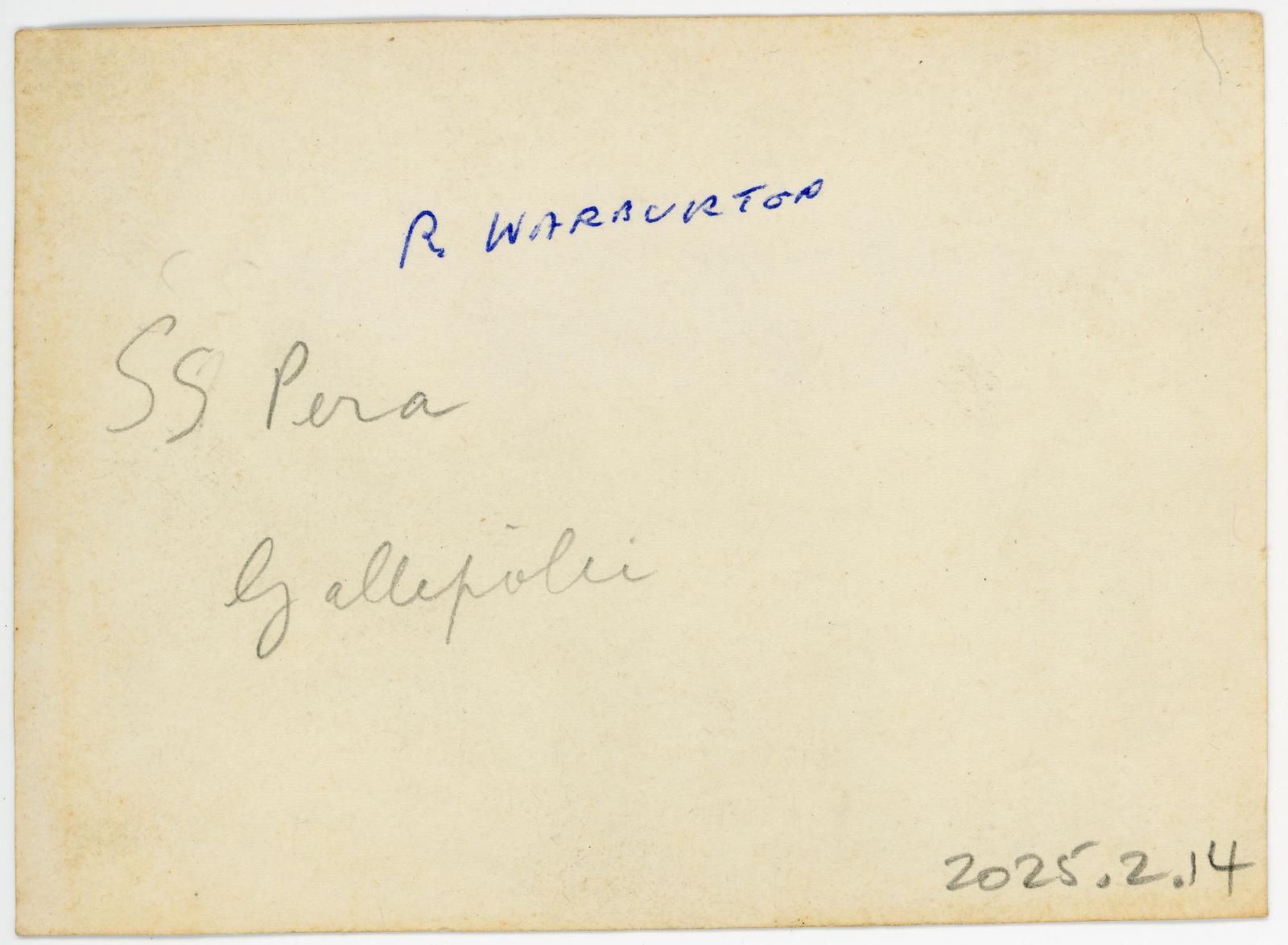 Photo of Raymond WARBURTON (third from left) with 4 other crew members aboard the SS Pera Back