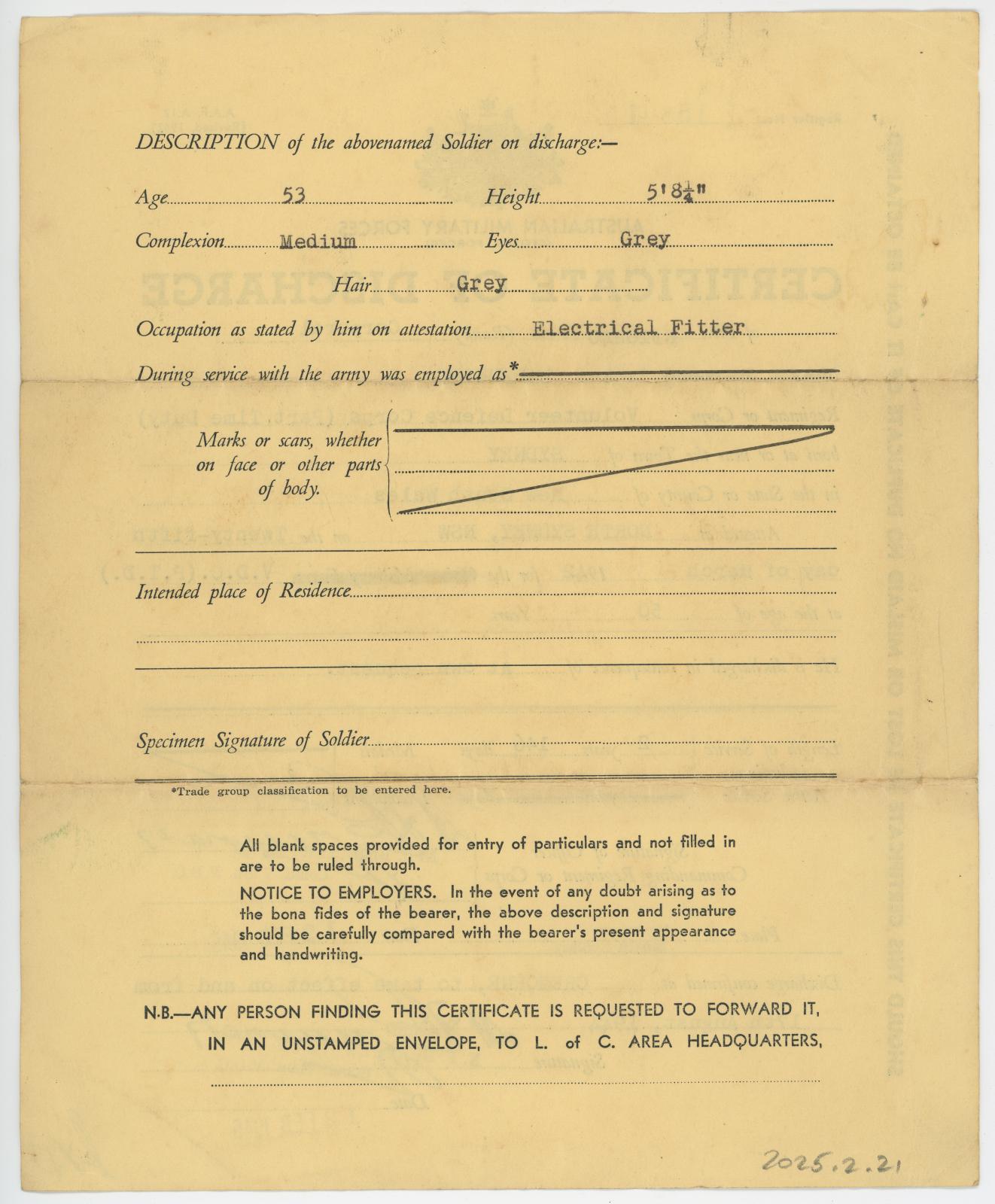 Certificate of Discharge for Raymond Parker WARBURTON (rear view)