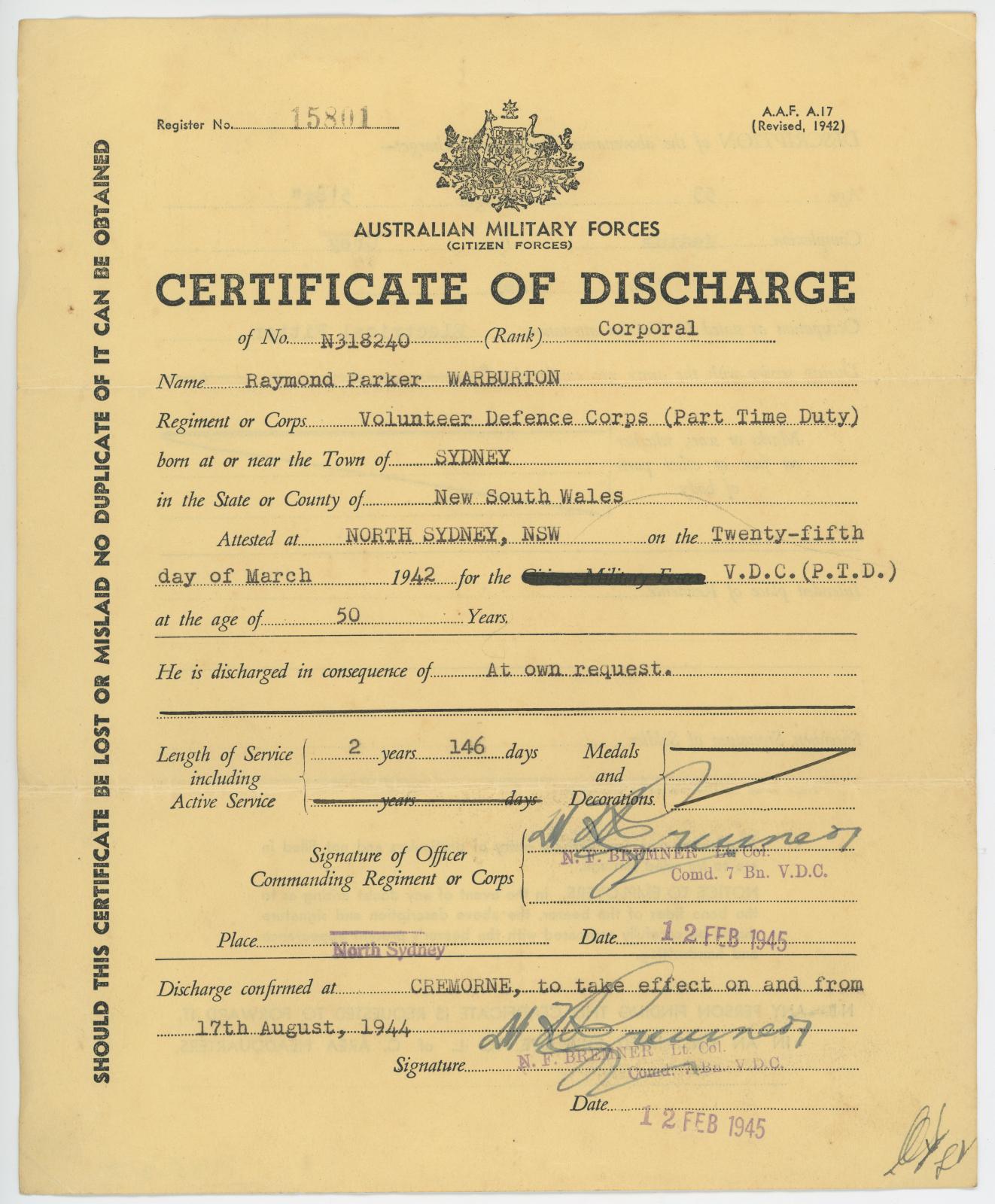 Certificate of Discharge for Raymond Parker WARBURTON