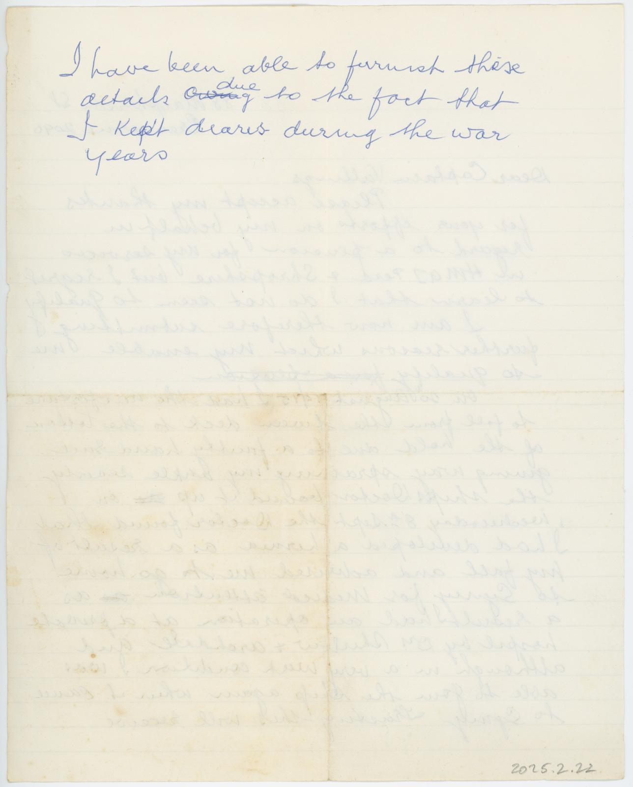 Letter from Raymond WARBURTON Requesting War Service Pension (rear view)