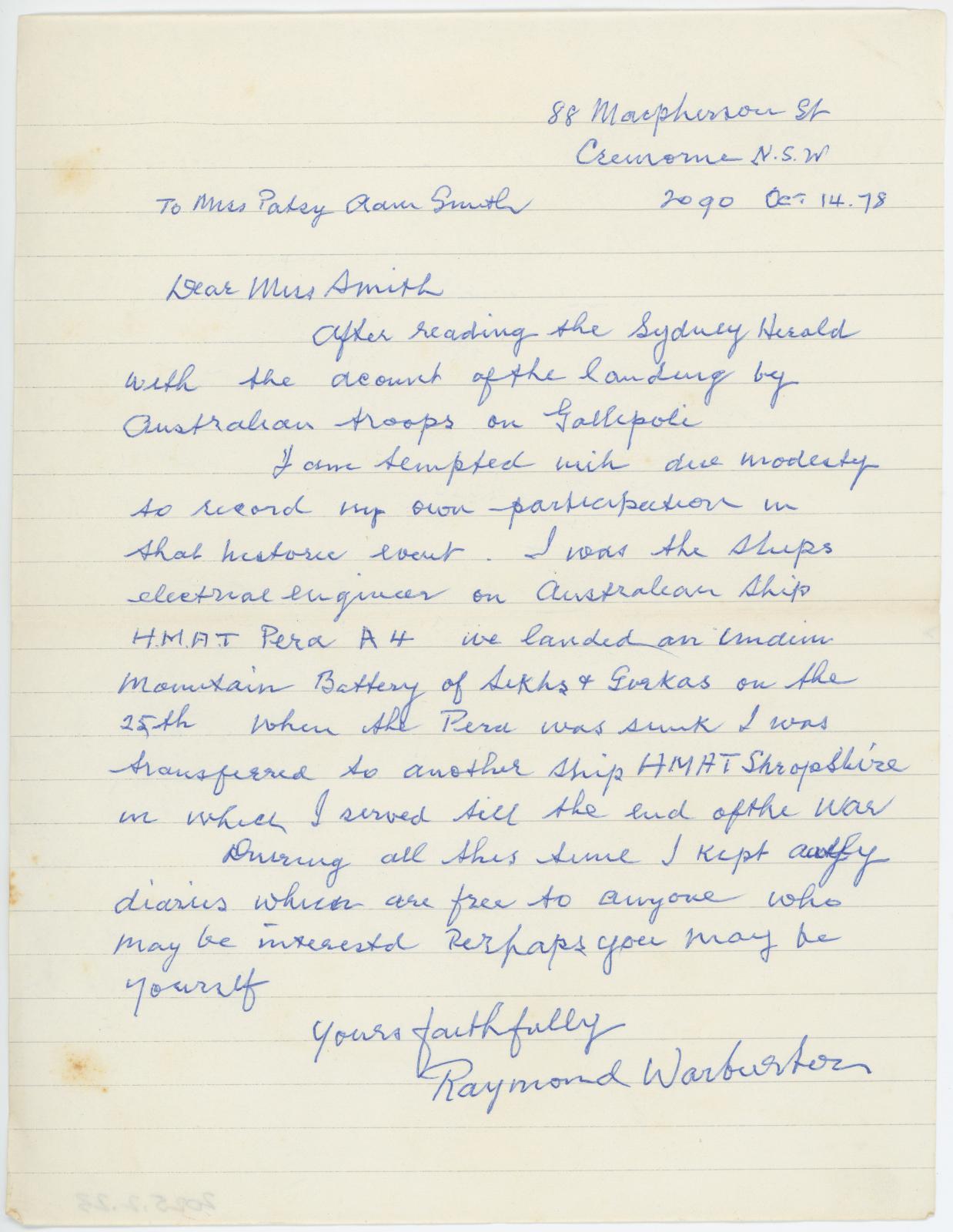 Letter from Raymond WARBURTON to Patsy ADAM-SMITH