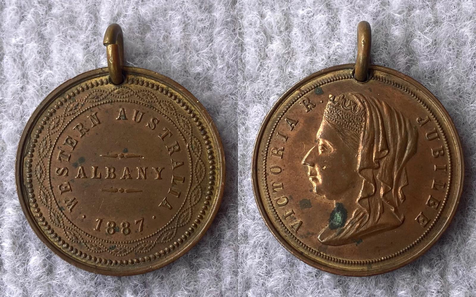 Collage showing both sides of a medallion issued in Albany to celebrate Queen Victoria's Jubilee in 1877