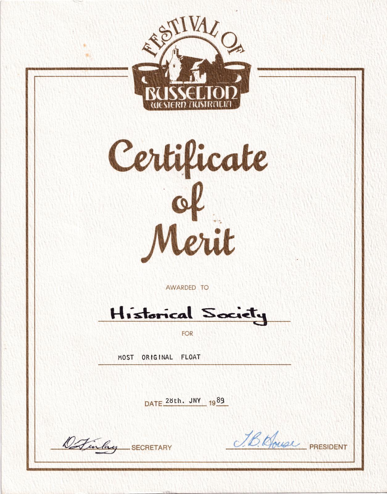 Certificate of Merit 1989