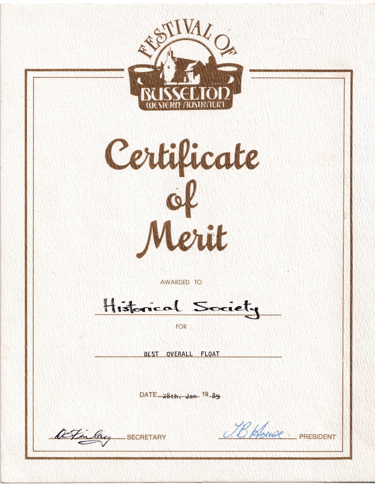 Certificate of Merit 1989