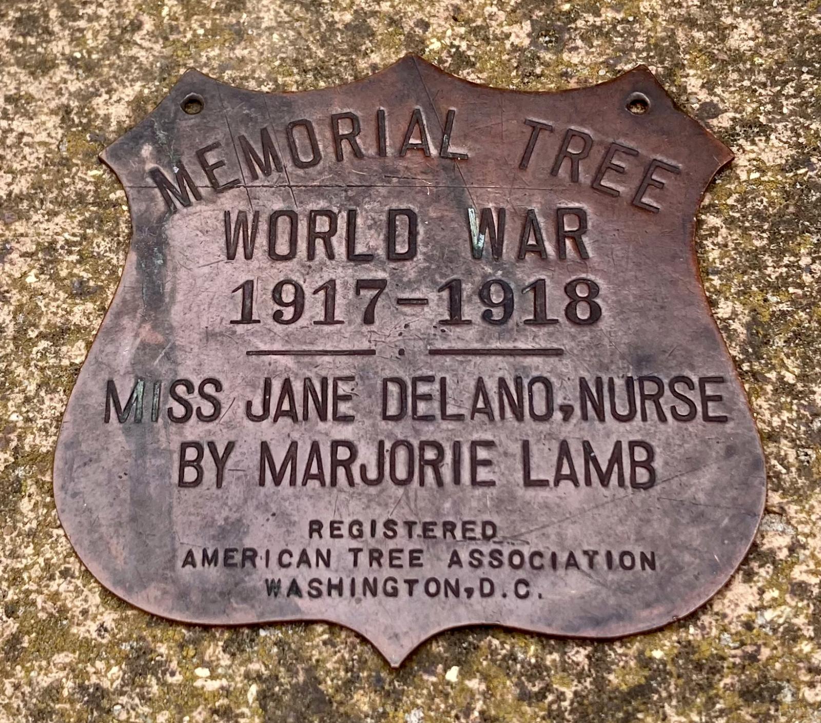 Angled view of memorial plaque commemorating American nurse Jane Delano
