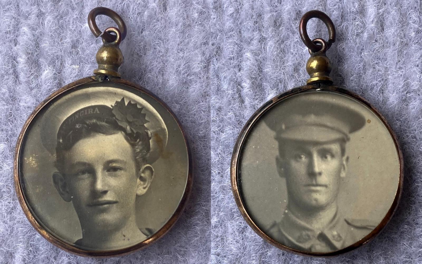 Collage showing both sides of a photo pendant featuring a sailor and soldier