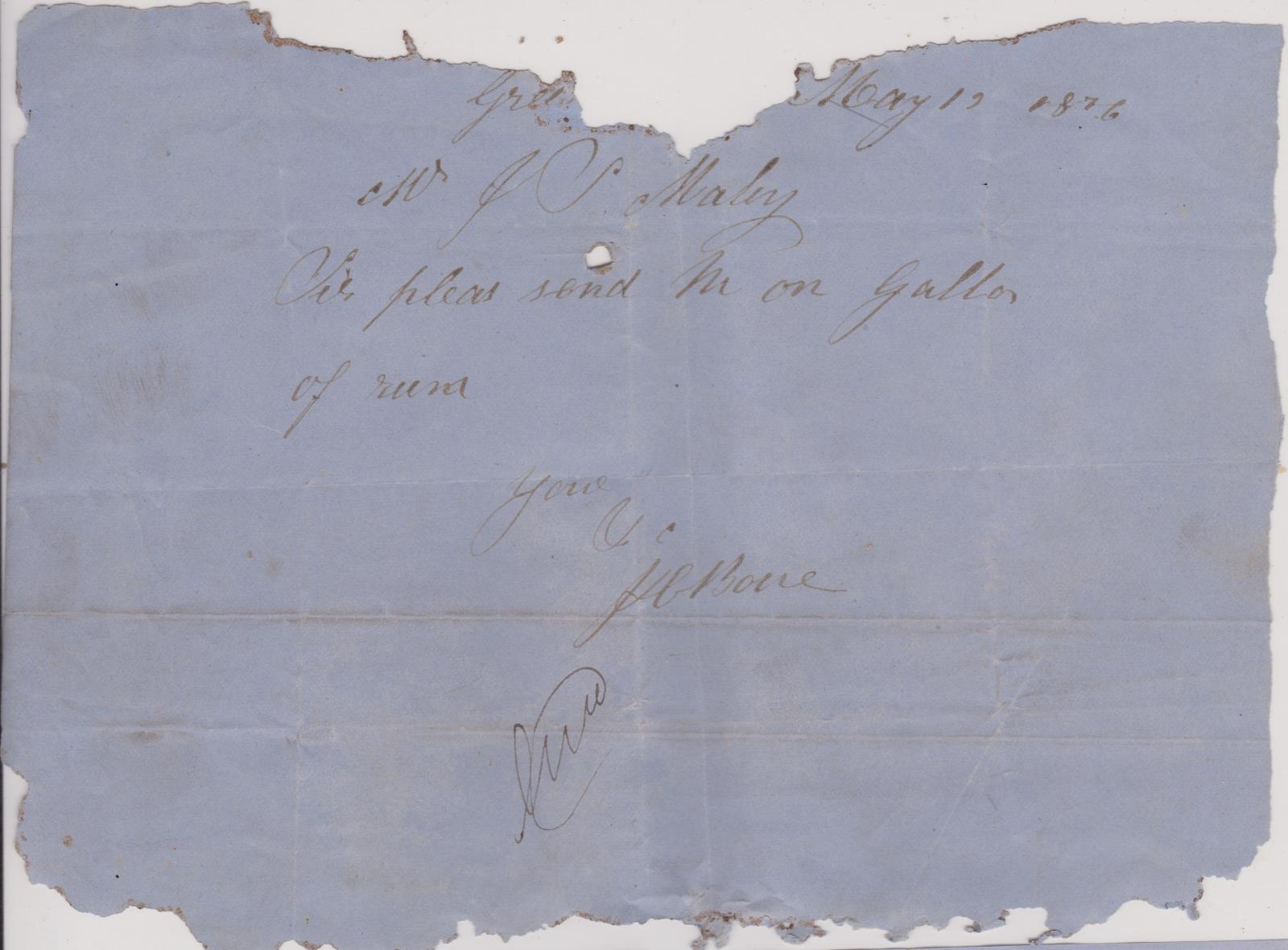 Order for rum from J.C. Bone