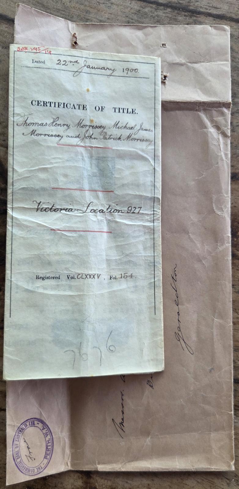 Certificate of Title for V.L. 927 and envelope