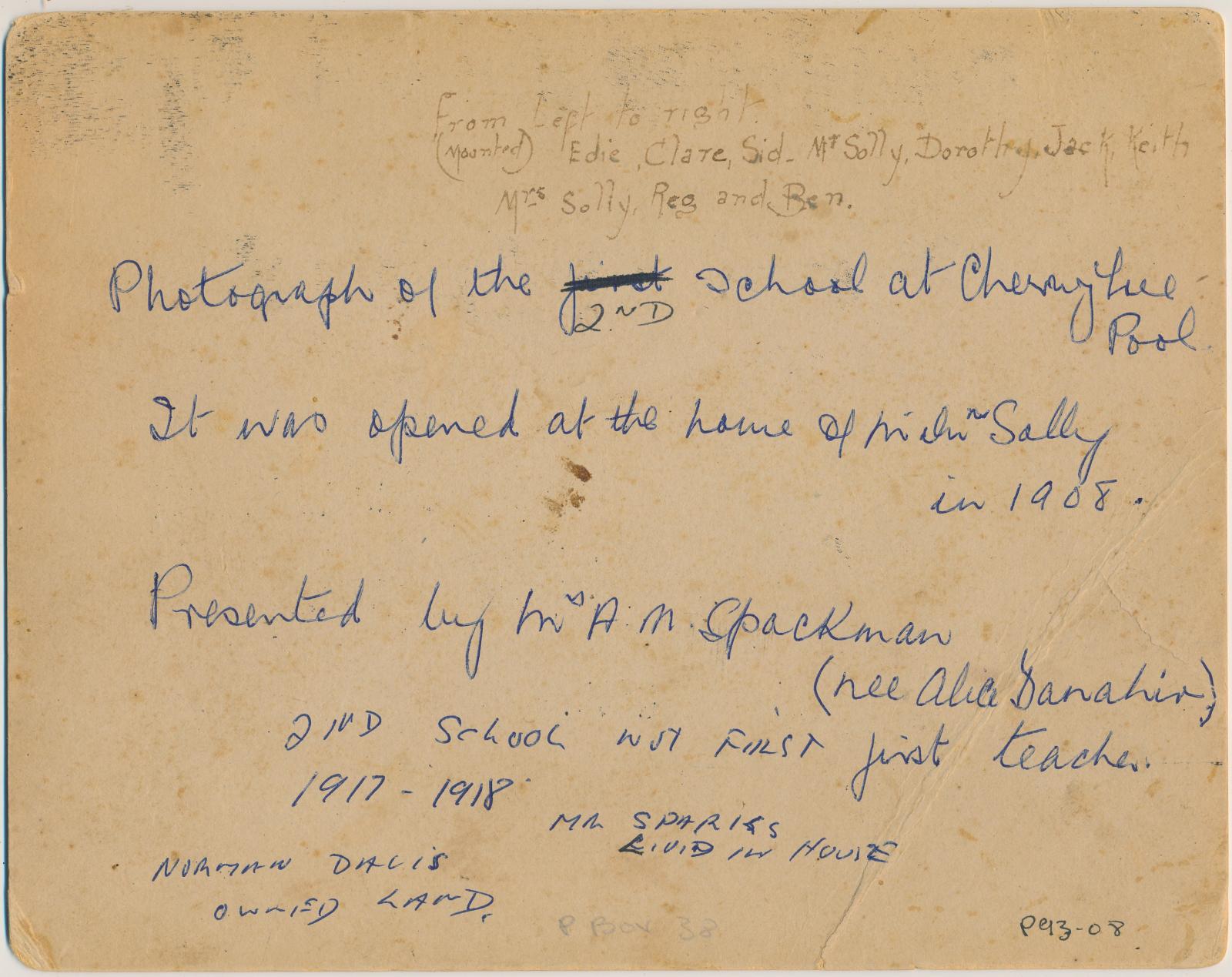 Back of photograph of Cherry Tree Pool School