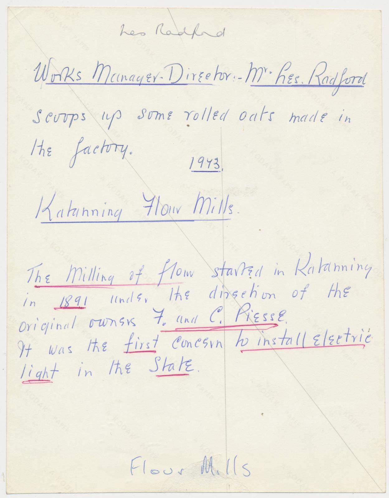 Back of photograph of Les Radford in Katanning Flour Mill