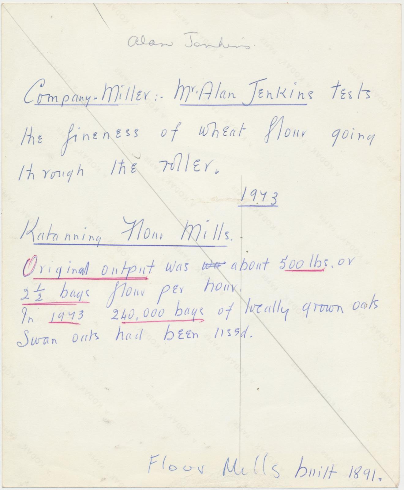 Back of photograph of Alan Jenkins in Katanning Flour Mill