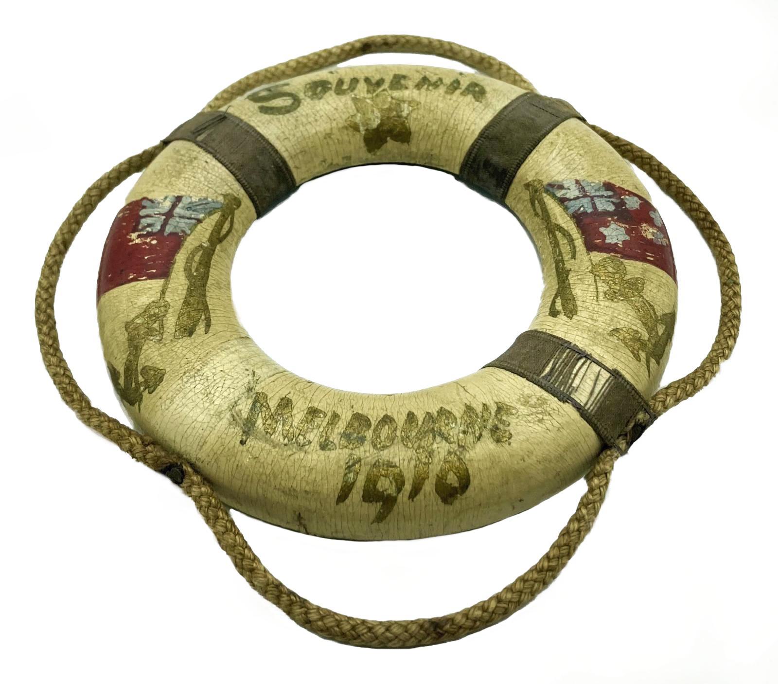 Souvenir lifebuoy - Melbourne 1910 - angled view