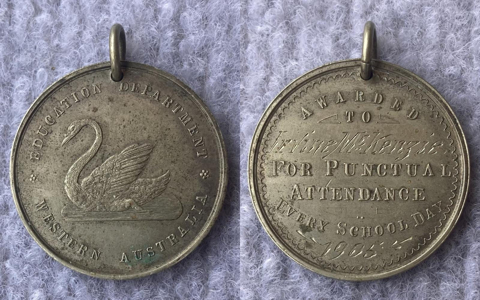 Collage showing both sides of Education Department of WA medallion awarded to Irvine McKenzie, Albany 1905