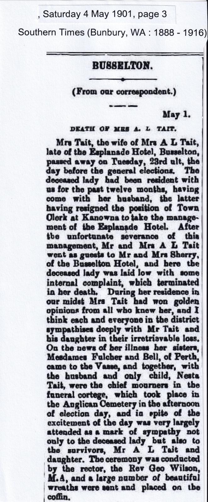Newspaper Article - Mrs A L Tait