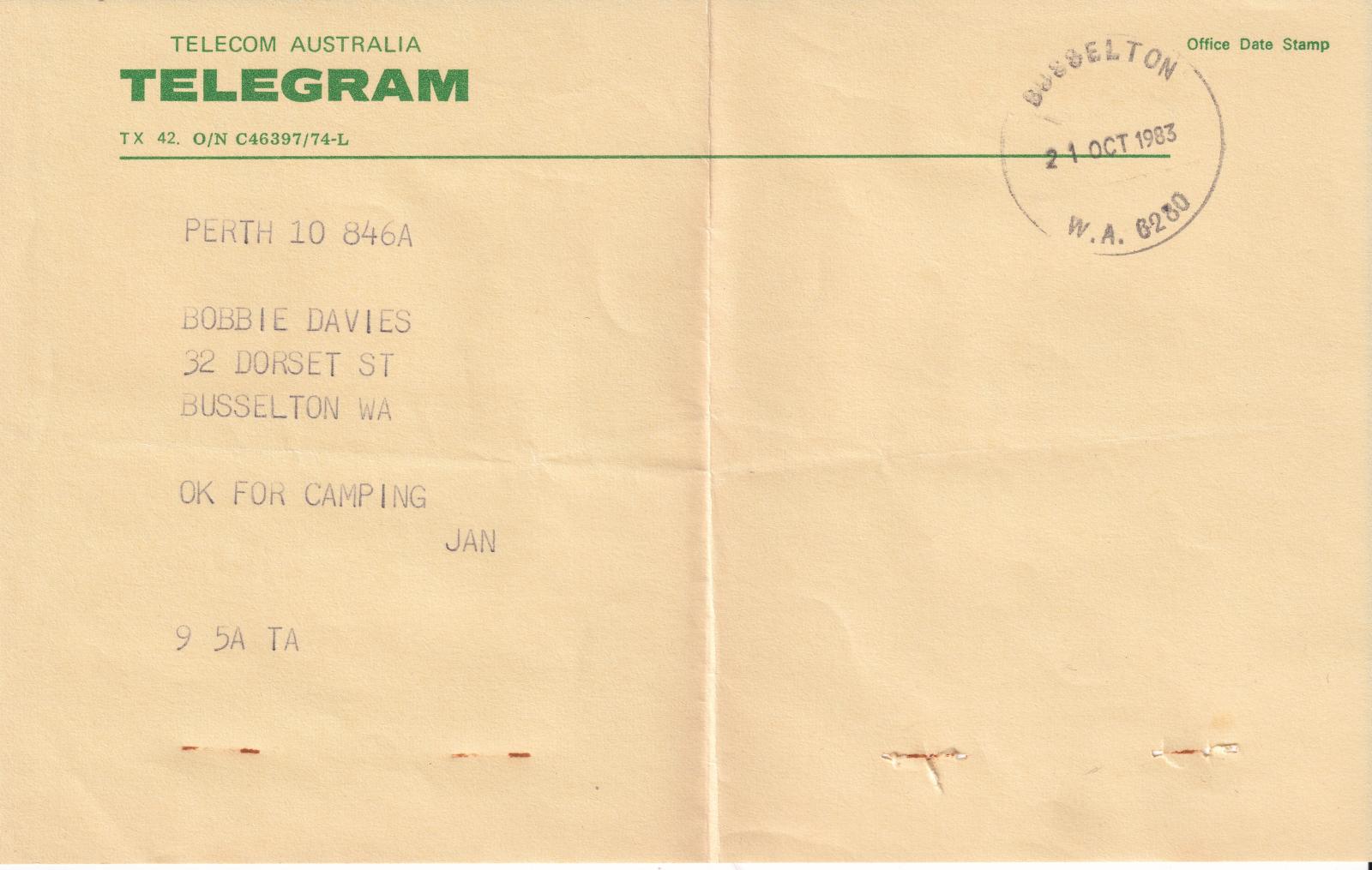 Telegram addressed to B Davies