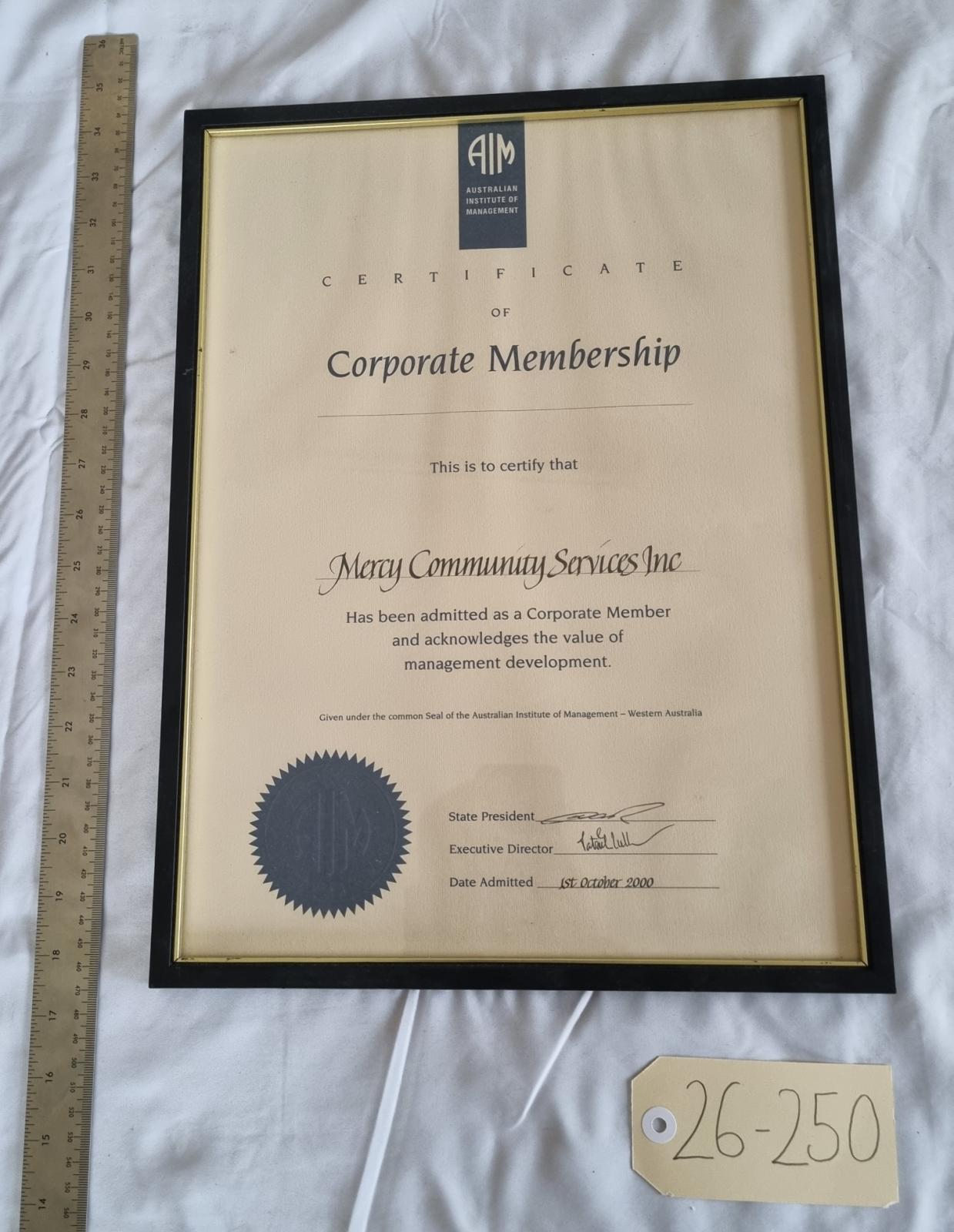 26-250 Corporate Membership Certificate photo with background, scale and tag.