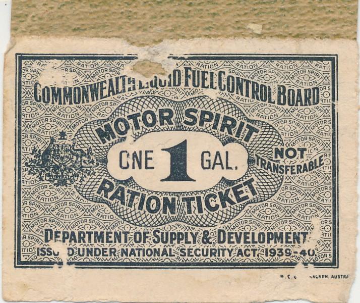 One Gallon Motor Spirit Ration Ticket