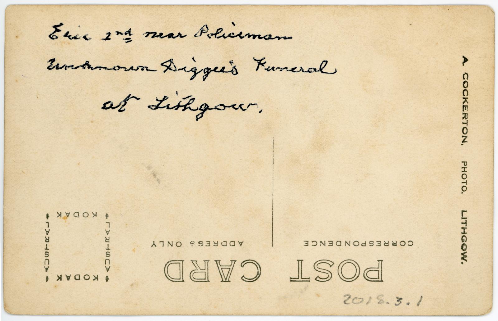 Rear view of postcard showing inscription.