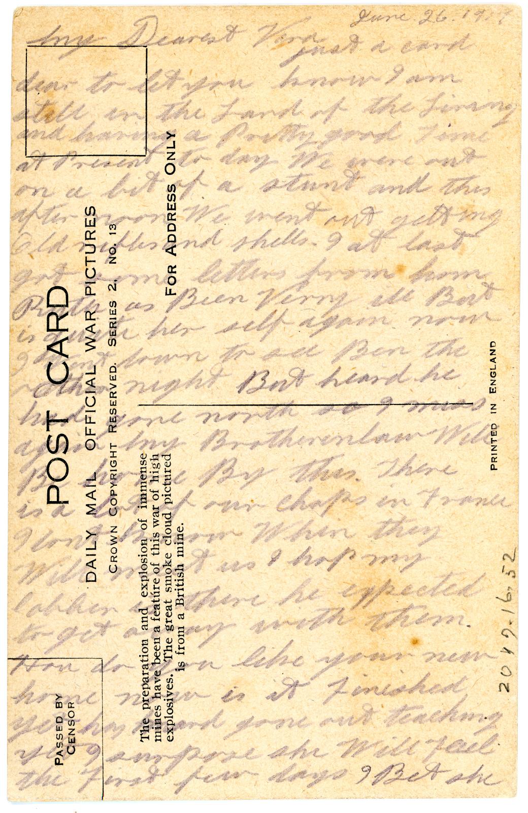 First World War Postcard sent from Pte. Edward Charles MOUCHEMORE 6351