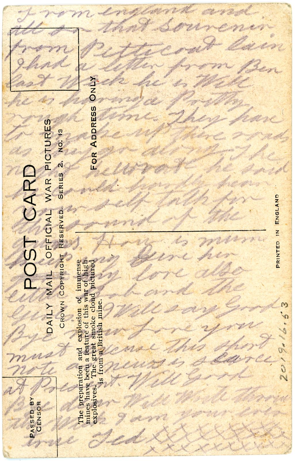 First World War Postcard sent from Pte. Edward Charles MOUCHEMORE 6351