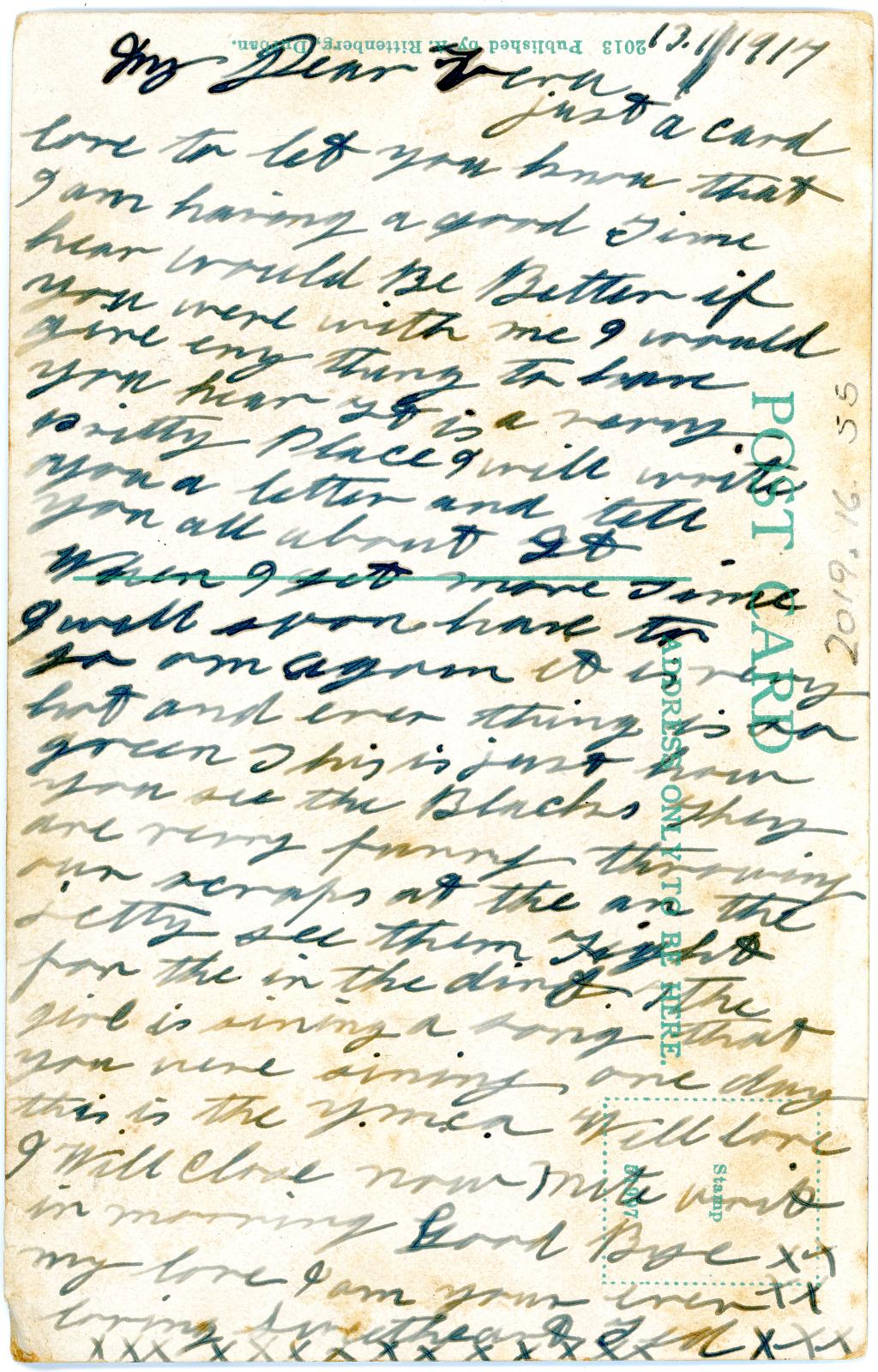 First World War Postcard sent from Pte. Edward Charles MOUCHEMORE 6351