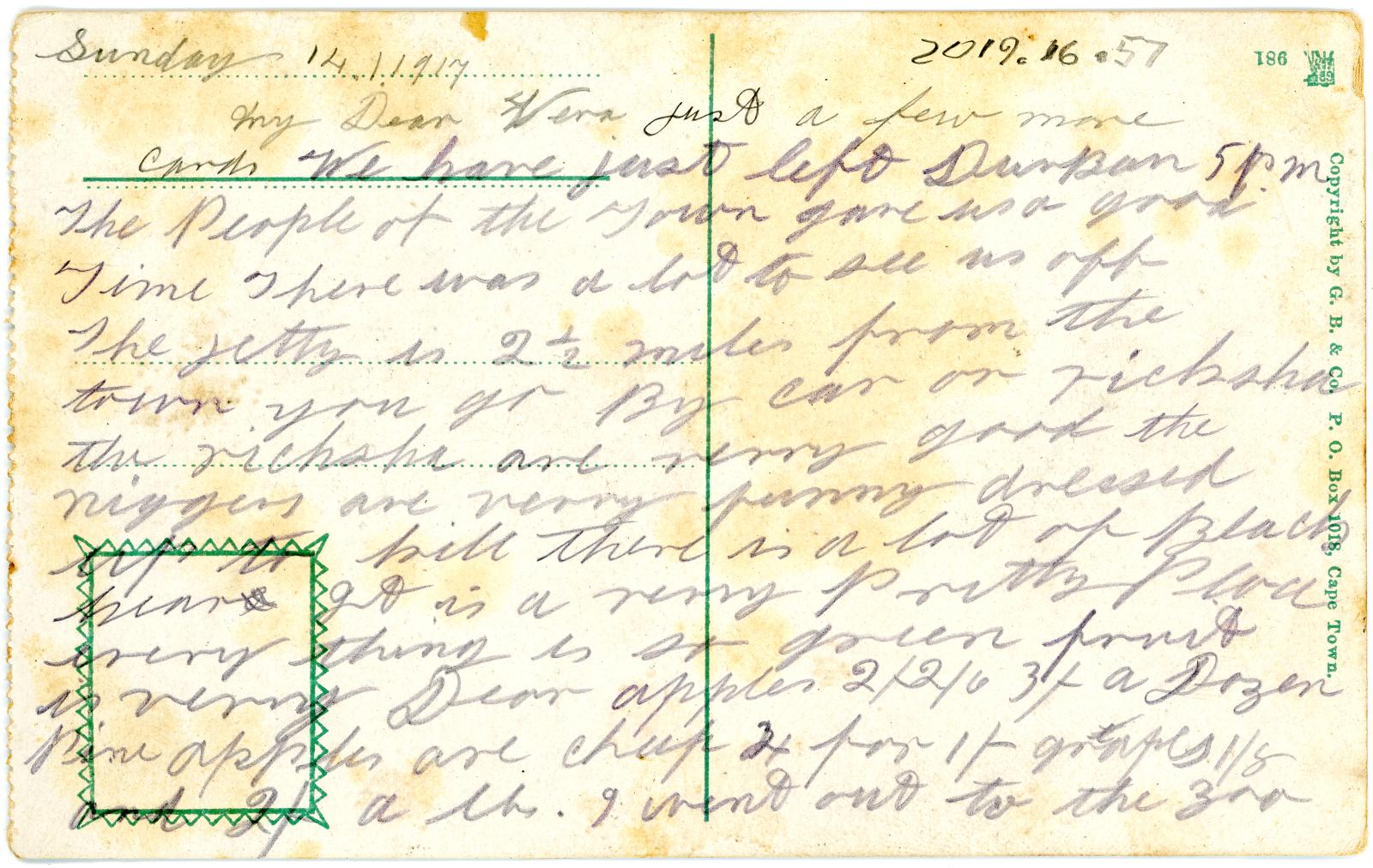 First World War Postcard sent from Pte. Edward Charles MOUCHEMORE 6351