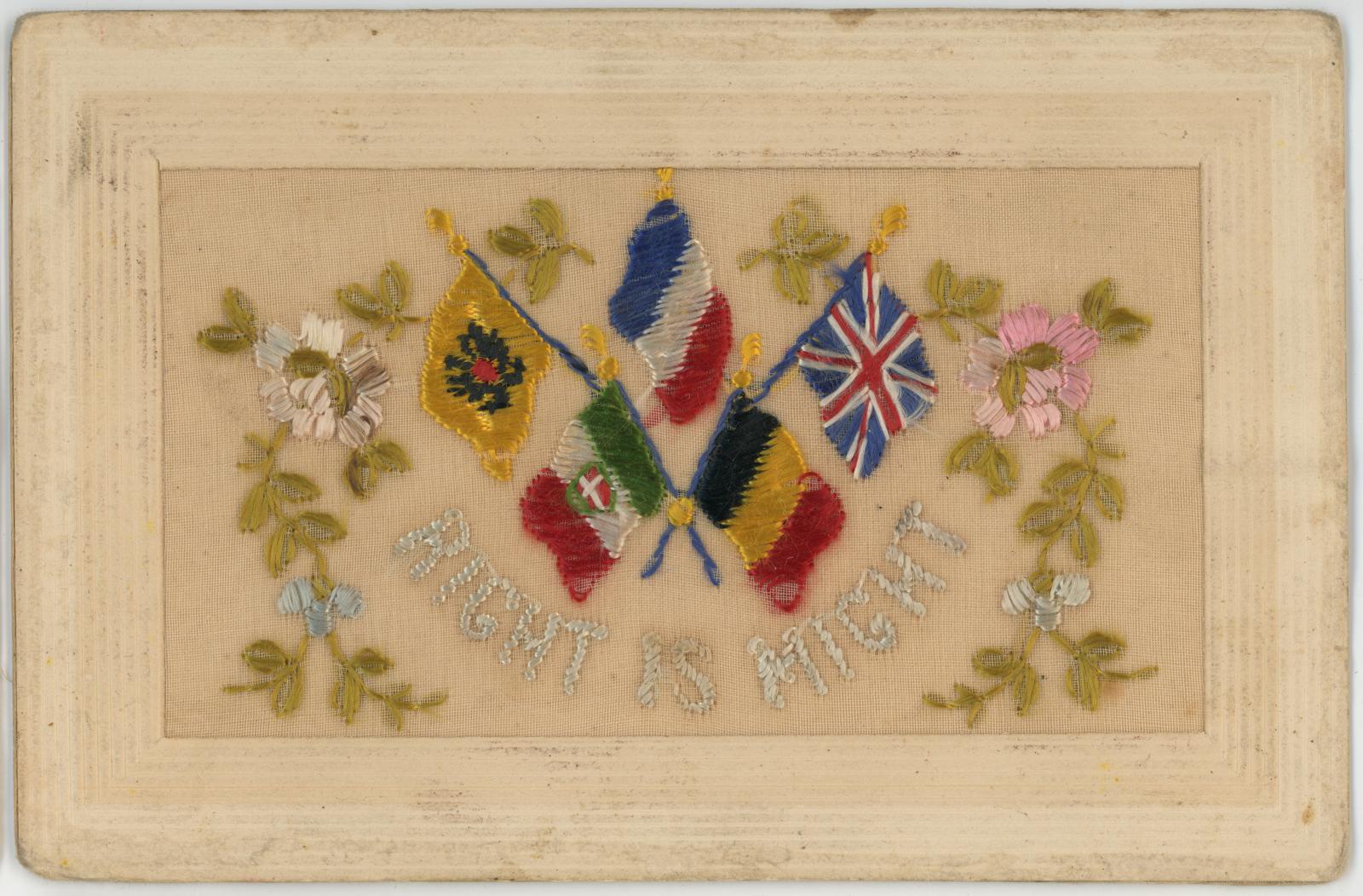 First World War 'MIGHT IS RIGHT" Postcard sent by Edward (Ted) PERRY