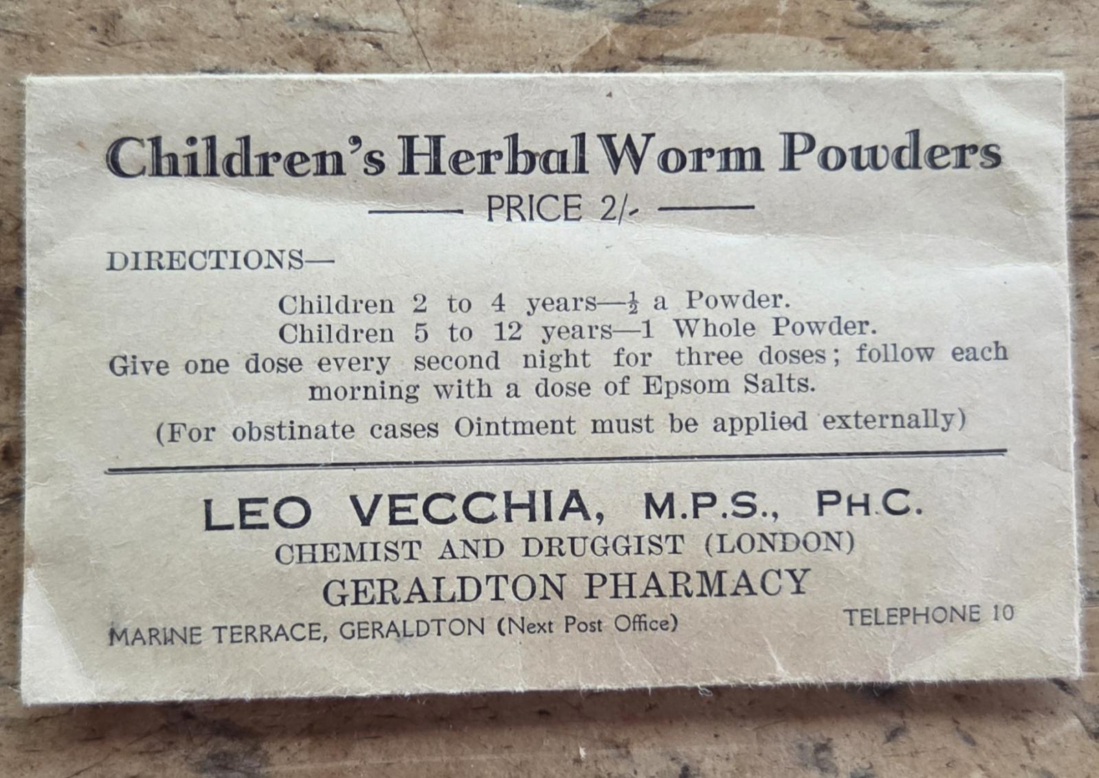Unopened packet of Children's Herbal Worm Powders
