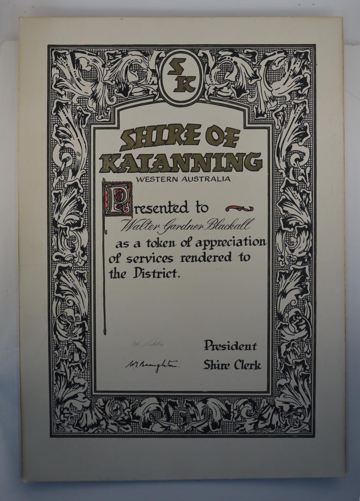 Scroll presented to Walter Gardner Blackall