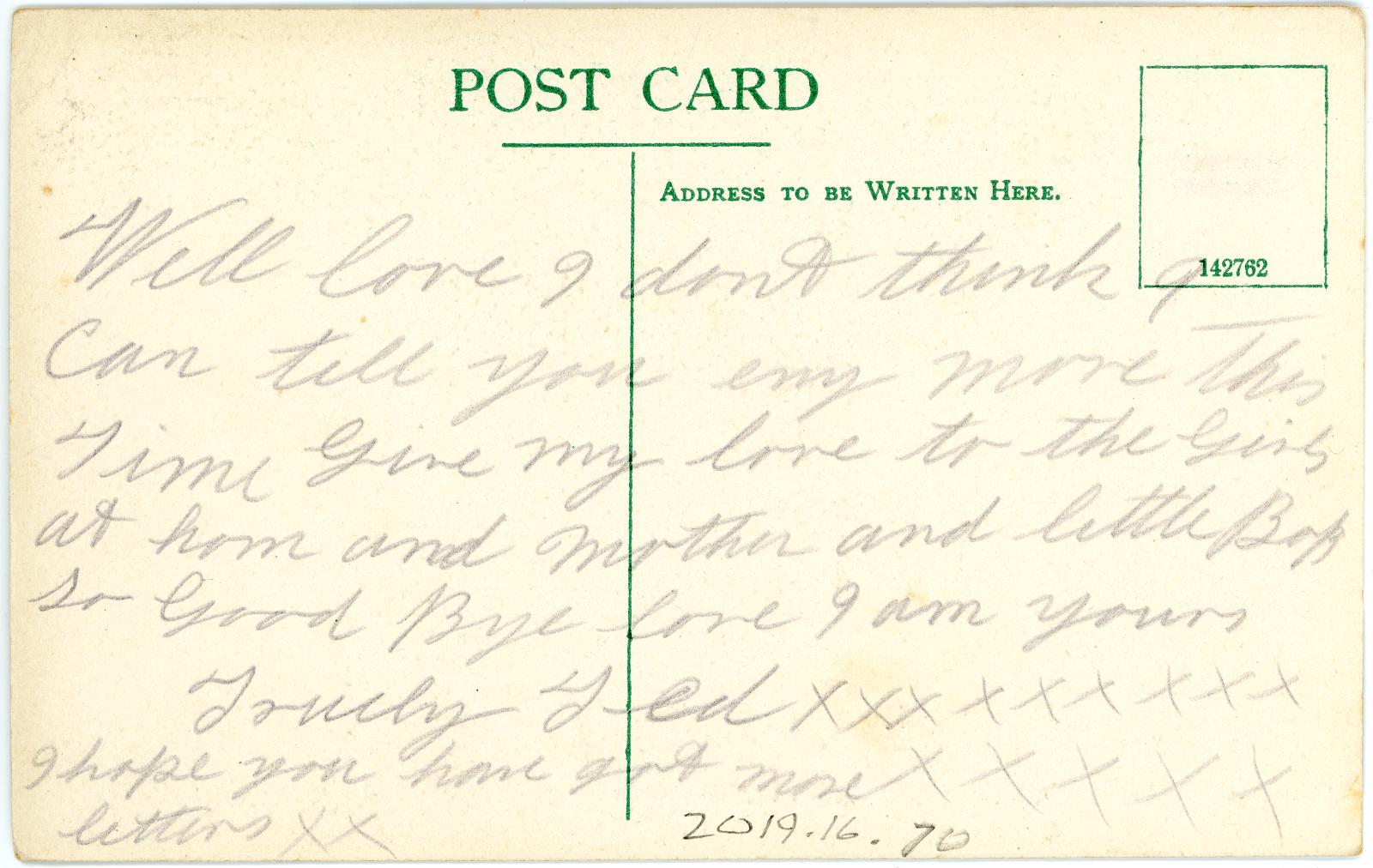 First World War Postcard ‘Salisbury Cathedral’ sent from Pte. Edward Charles MOUCHEMORE, 6351