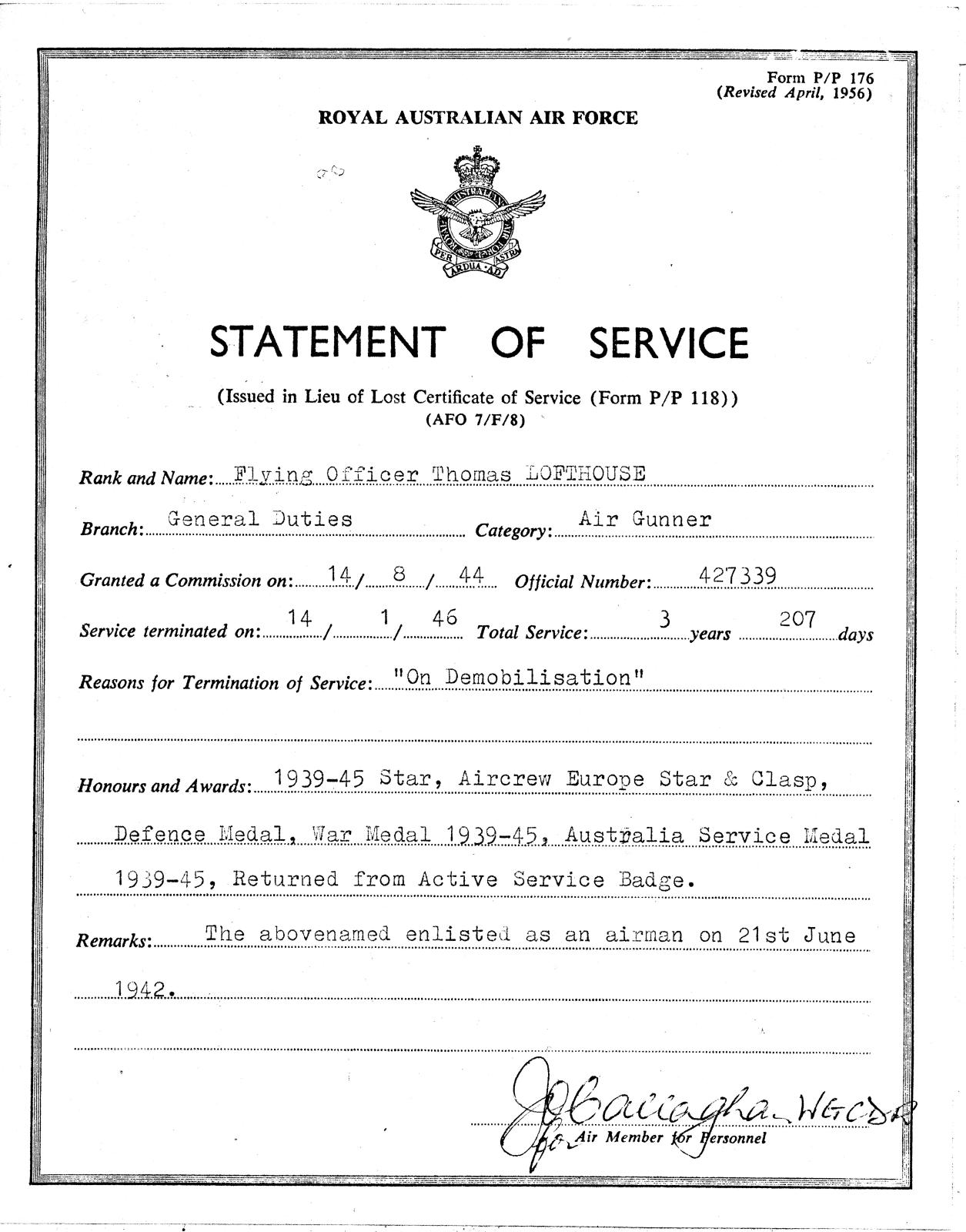 Statement of Service - T Lofthouse