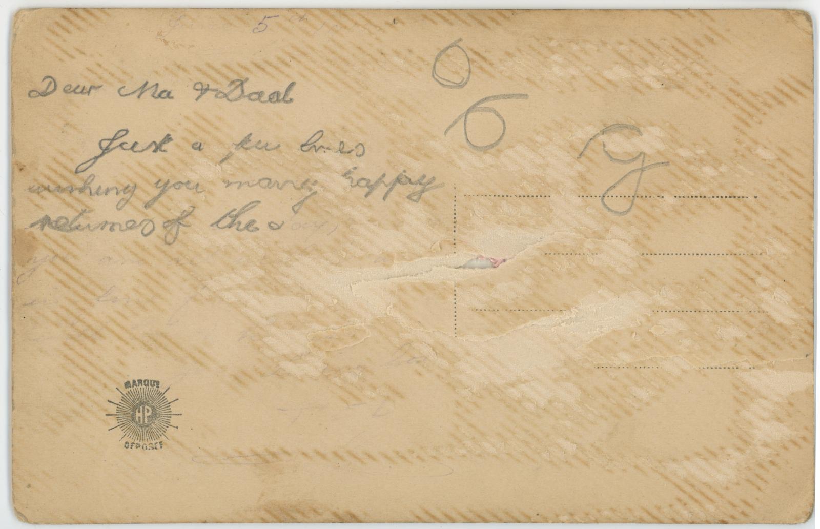 First World War ‘Anniversaire’ Silk Postcard from Edward (Ted) PERRY, RAMC