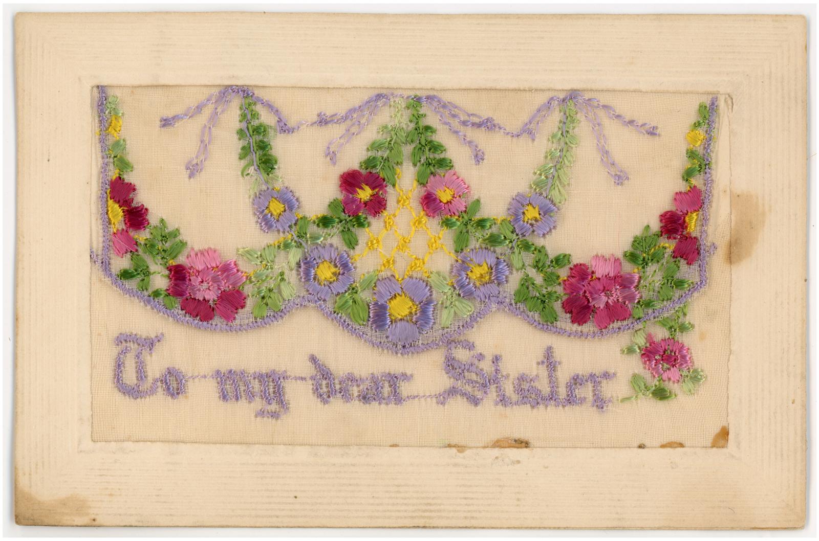 First World War ‘To my dear Sister’ Silk Postcard from Edward (Ted) PERRY, RAMC