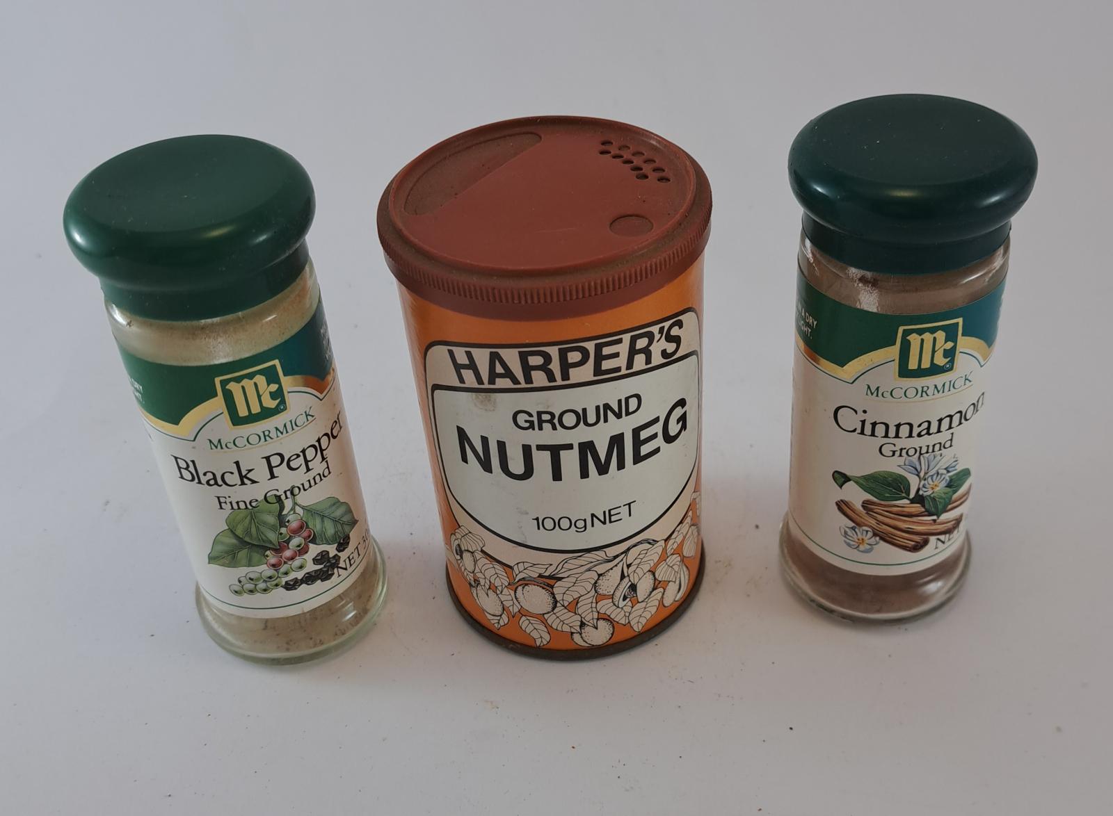 ground commamon, blk pepper, nutmeg containers 98.5 a,b,c