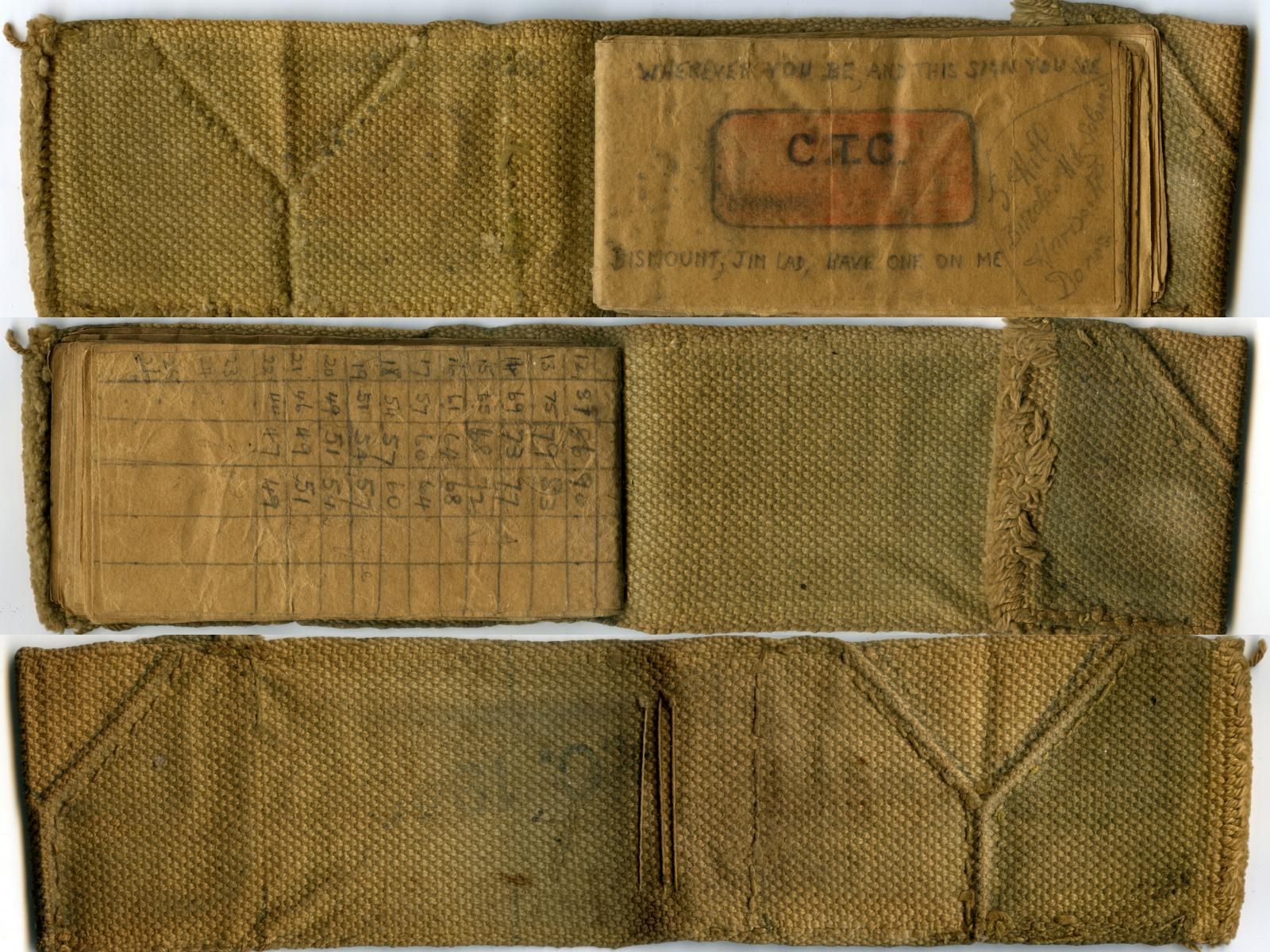 Inner and outer covers of Prisoner of War hand-made autograph book 