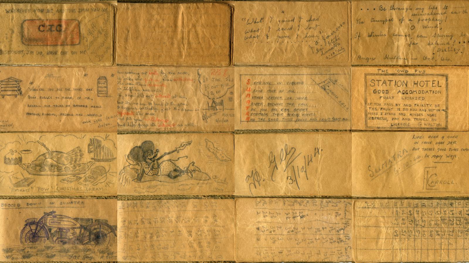 Collage of entries in Prisoner of War hand-made autograph book 