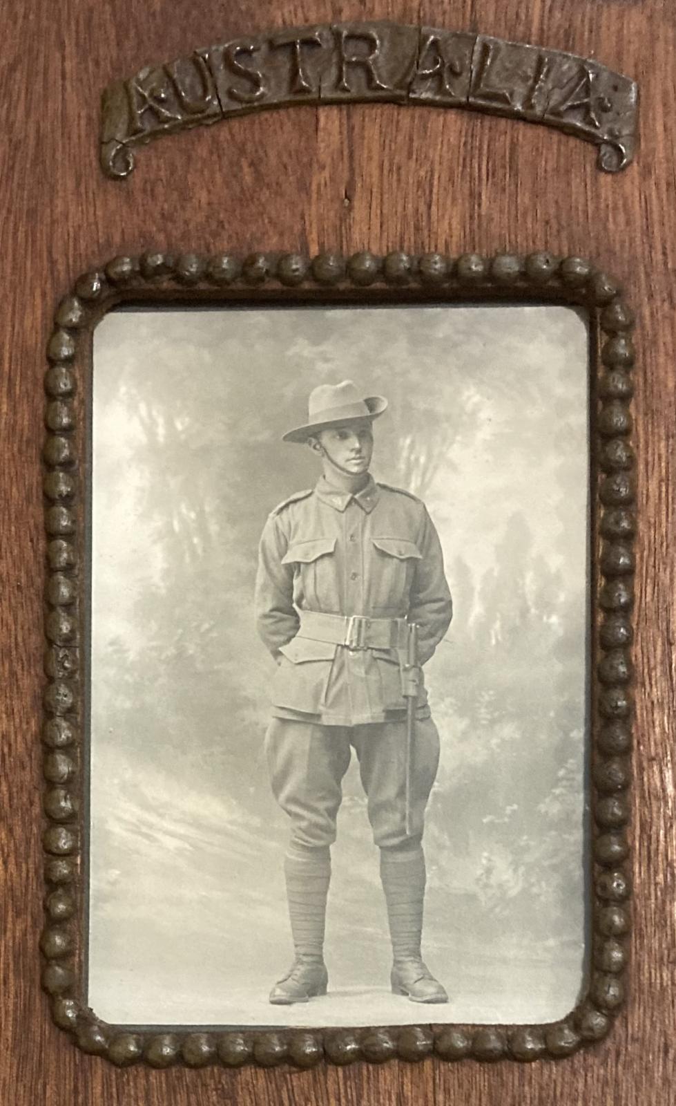 Close up of WWI Australian soldier portrait in timber frame