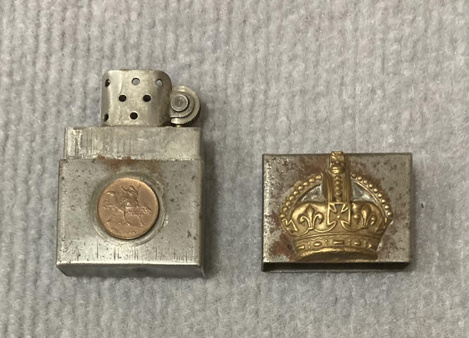 Metal lighter with attached rank badge and coin - lid removed