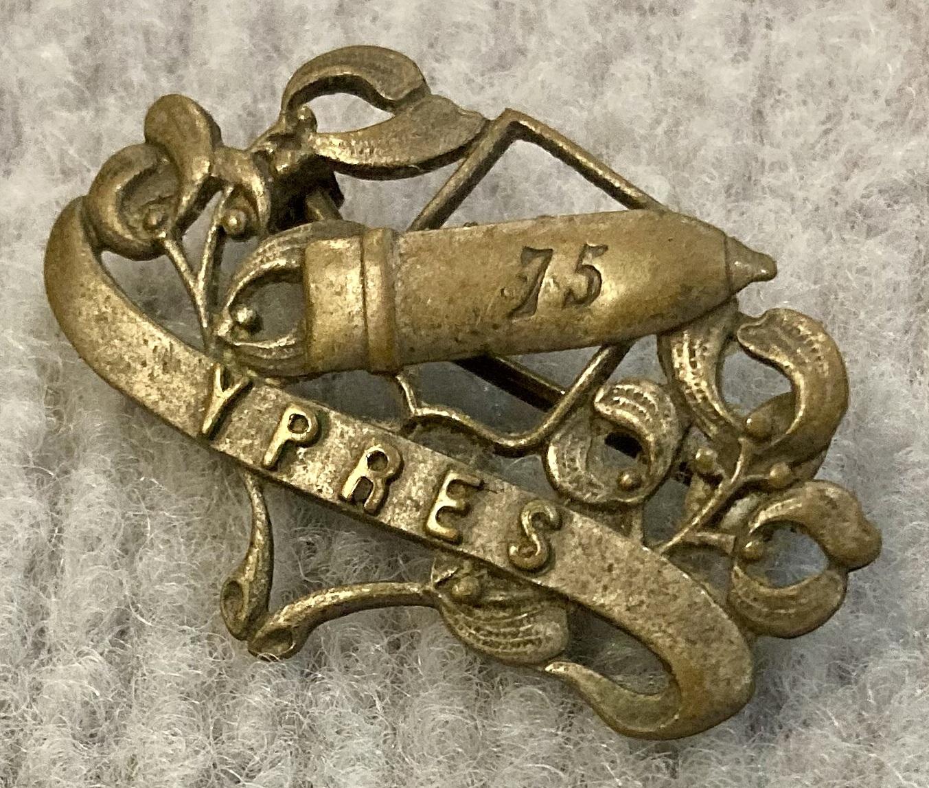 Angled view of WWI Ypres souvenir sweetheart brooch 