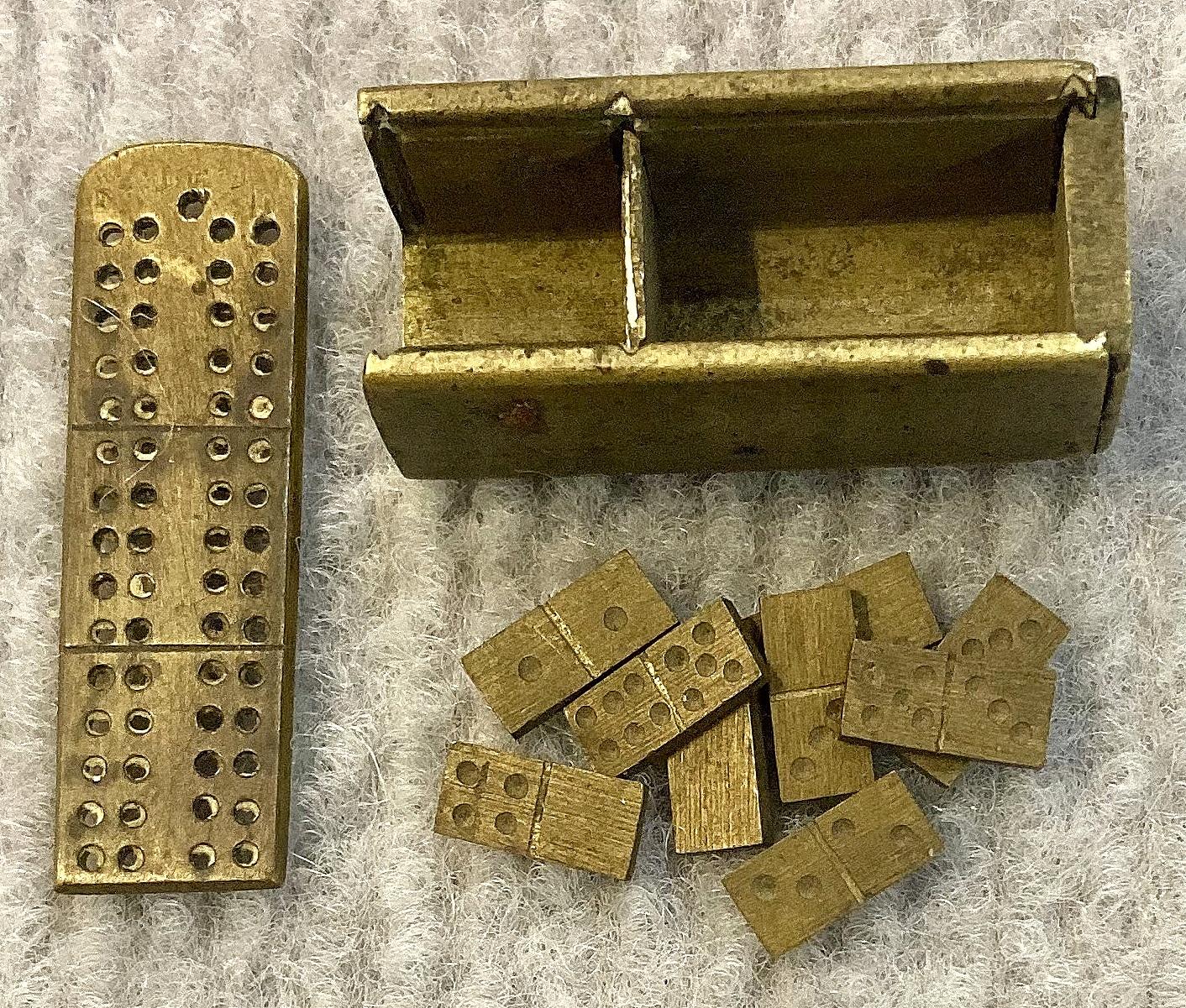 Trench art miniature domino set - box open, dominoes loose