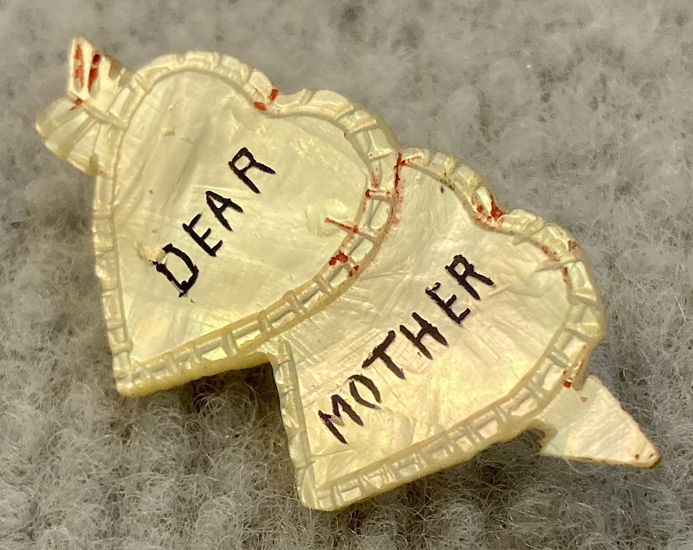 Other angled view of mother of pearl hearts and arrow sweetheart brooch for 'Dear Mother'