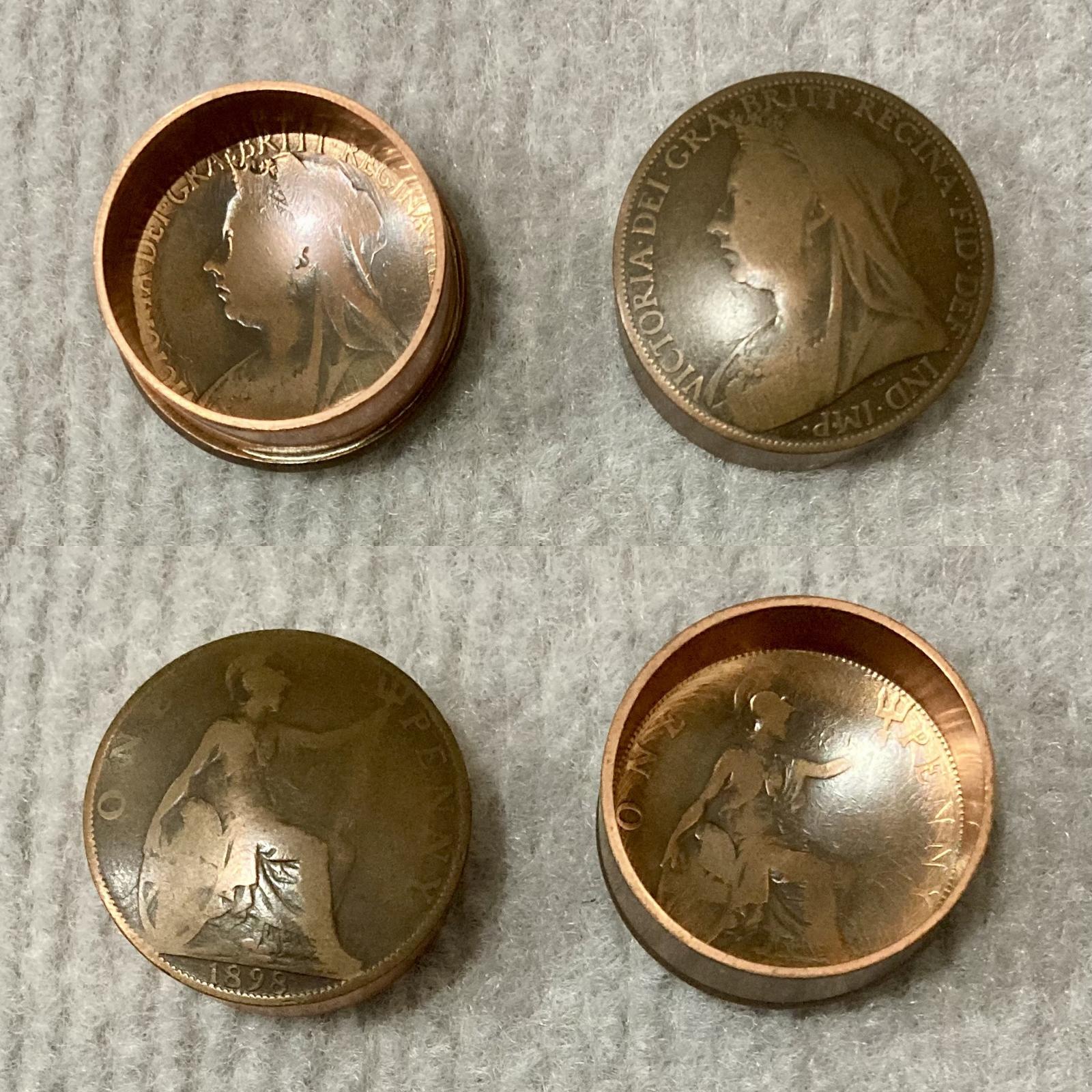 Collage of circular snuff container made from coins - exteriors and interiors