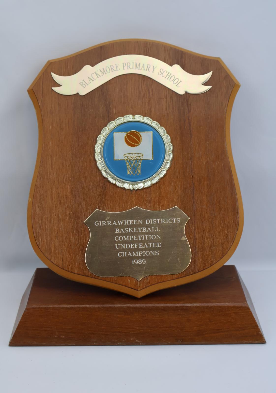 Brown wooden shield plaque upright on wooden base. Base is rectangular, narrower at the top end wider at the bottom. On the shield is a metal banner with ‘BLACKMORE PRIMARY SCHOOL’ written across the top. In the centre of the plaque is a round badge with a decorative edge, in the centre is a blue circle that has an image of a basketball going into a basketball hoop. At the bottom of the shield is a smaller wide metal shield with text engraved on it.