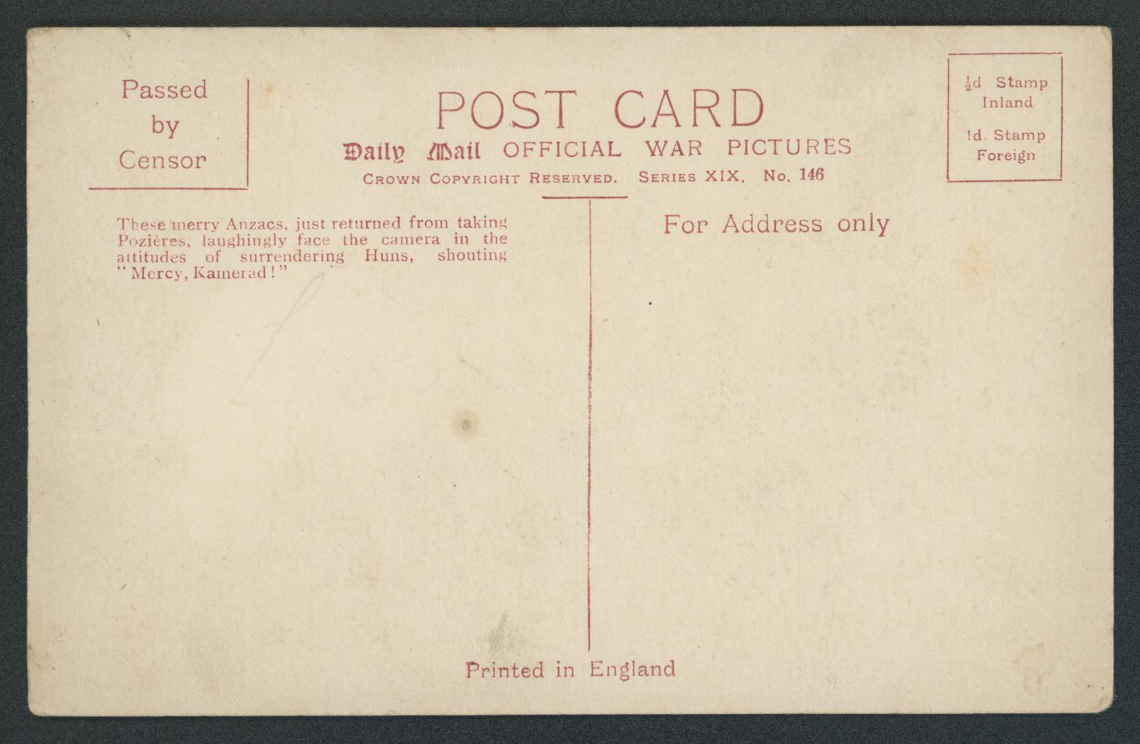 First World War Printed Postcard of ‘Anzcas in France’ Back