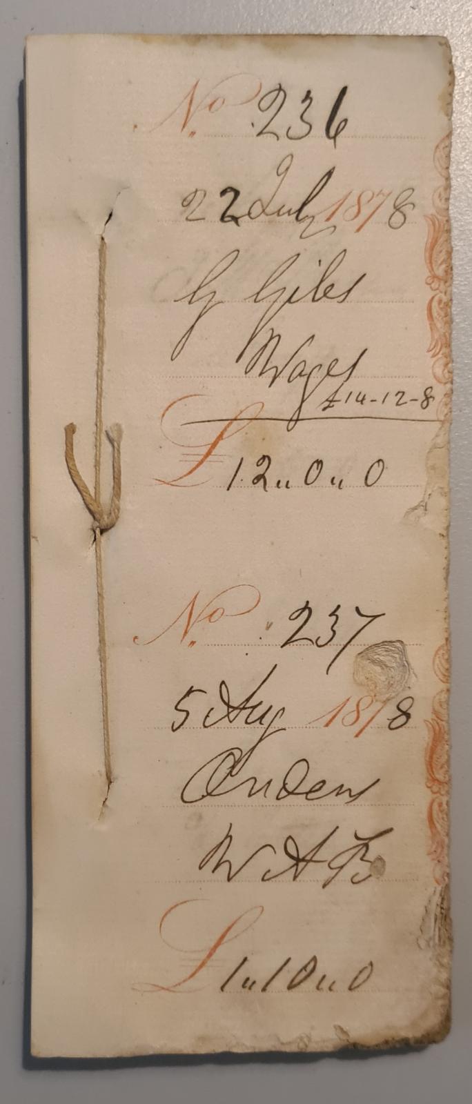Maley Mill & Store cheque book stub 1878-80