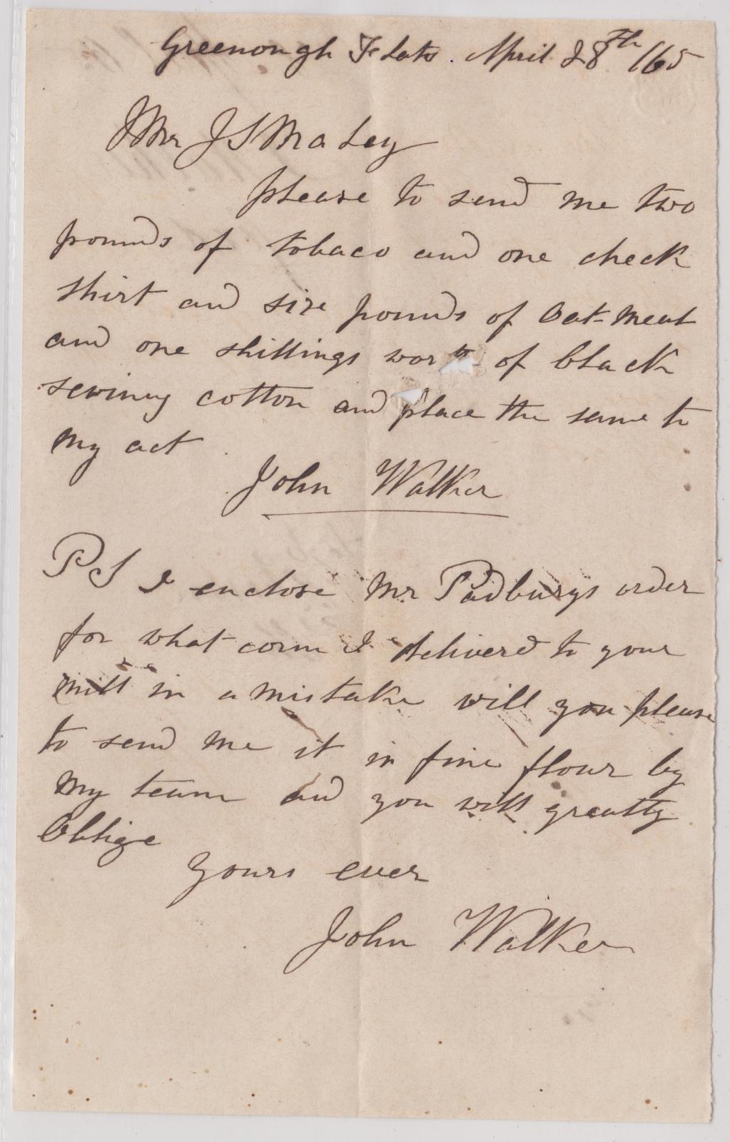 Letter  to John Maley from John Walker