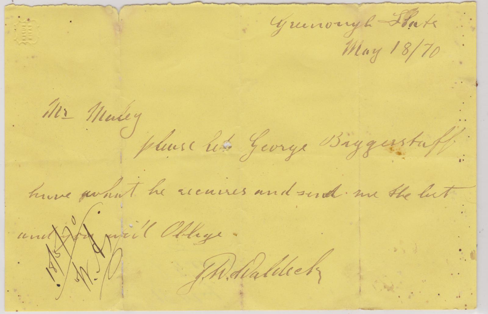 Promissory note from J.W. Waldeck for George Biggerstaff