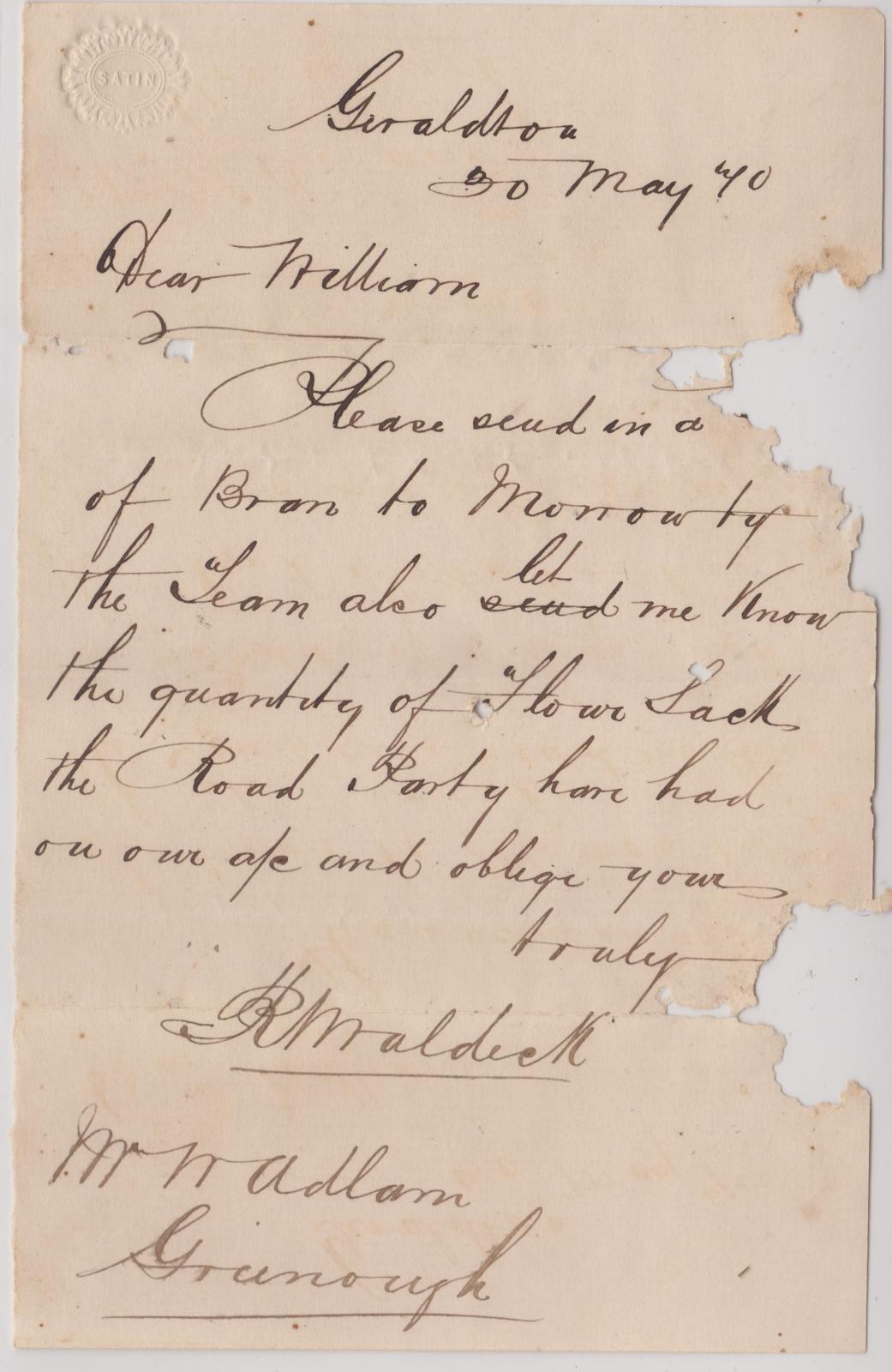 Letter re road party from R.N. Waldeck