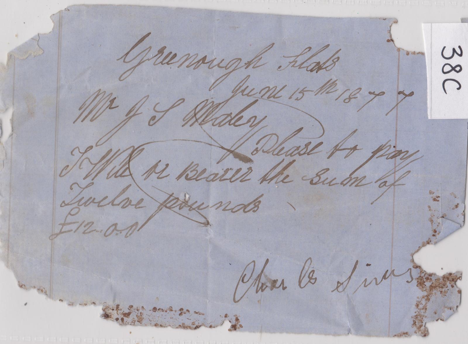 Promissory note for Thomas Wiley from Charles Sims